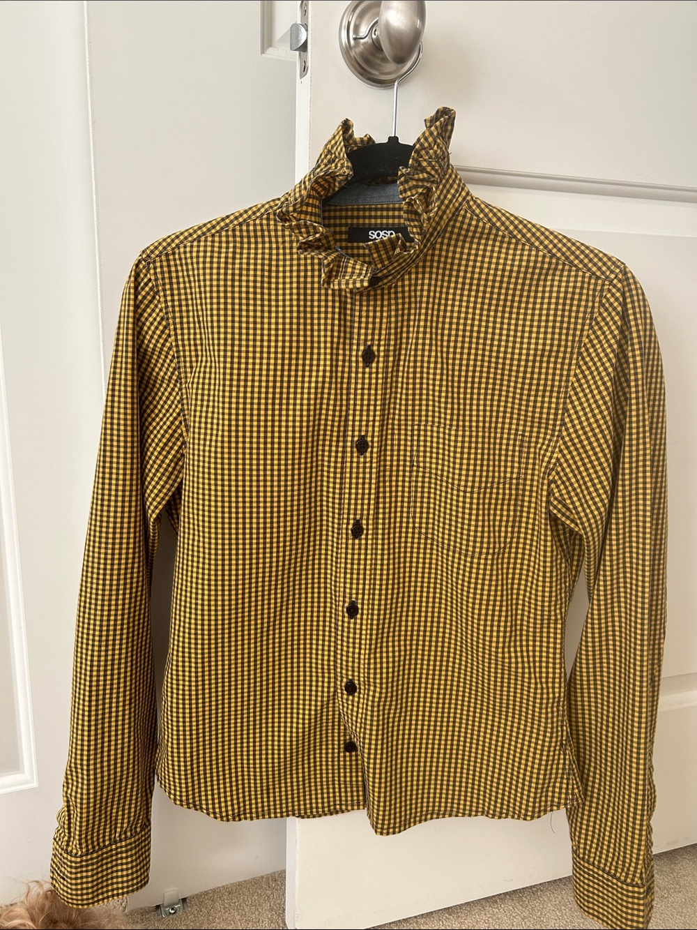 Yellow Gingham Ruffle CollarShirt recreated for a woman